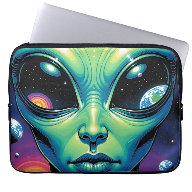 Alien Face with Planets Reflections in Eyes Laptop Sleeve (Front)