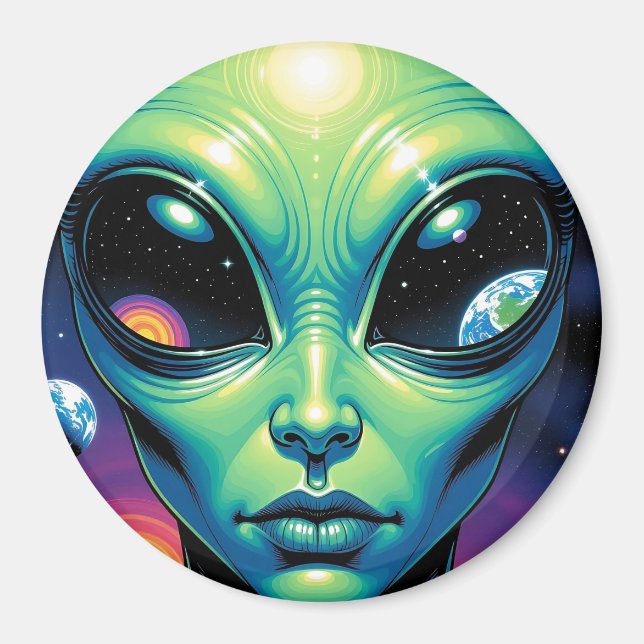 Alien Face with Planets Reflections in Eyes Magnet (Front)
