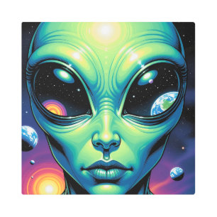 Alien Face with Planets Reflections in Eyes Metal Print