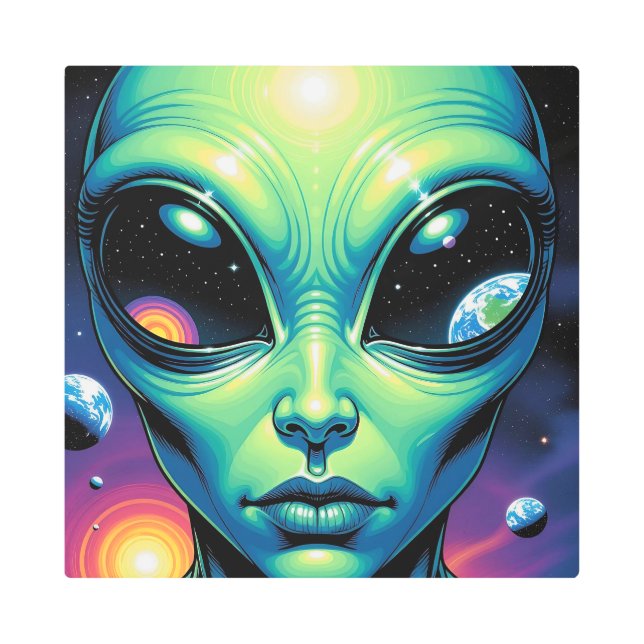Alien Face with Planets Reflections in Eyes Metal Print (Front)