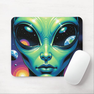 Alien Face with Planets Reflections in Eyes Mouse Pad