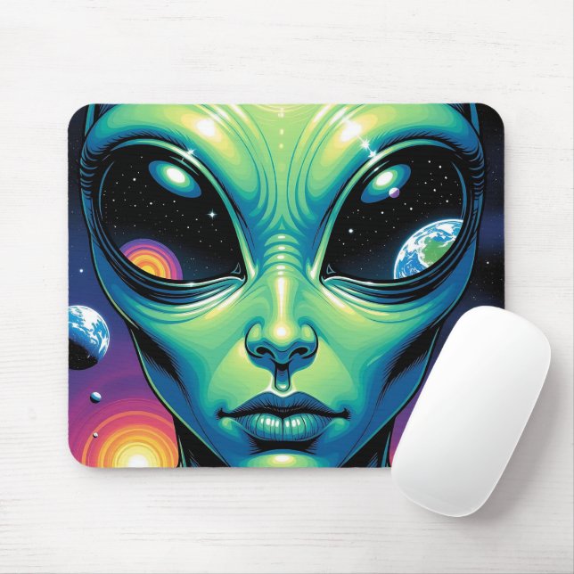 Alien Face with Planets Reflections in Eyes Mouse Pad (With Mouse)