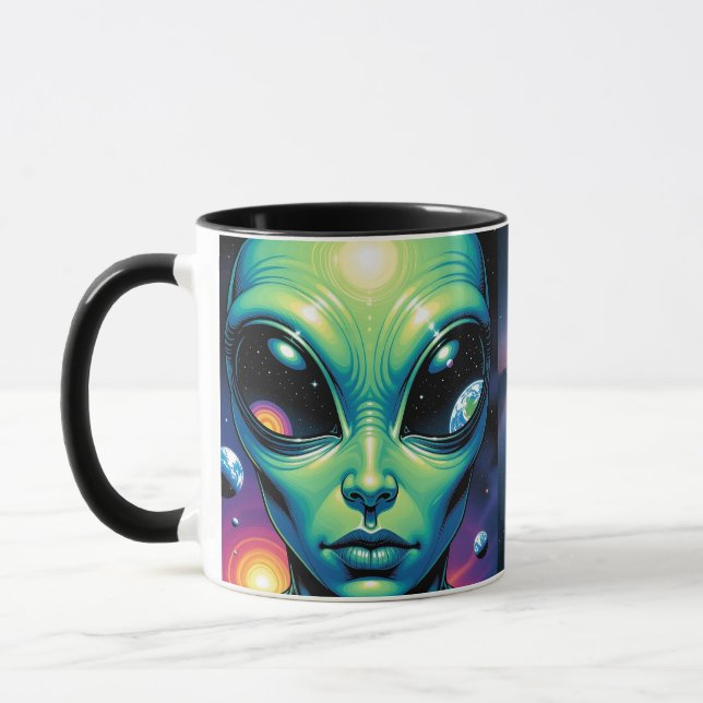 Alien Face with Planets Reflections in Eyes Mug (Left)