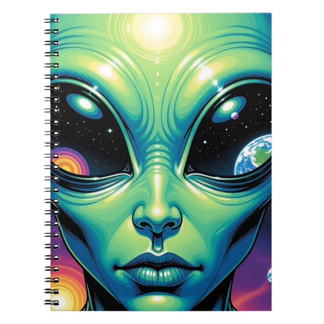 Alien Face with Planets Reflections in Eyes Notebook (Front)