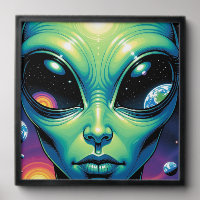 Alien Face with Planets Reflections in Eyes