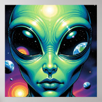 Alien Face with Planets Reflections in Eyes