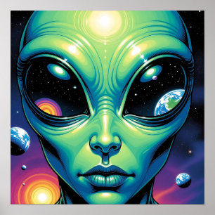 Alien Face with Planets Reflections in Eyes Poster
