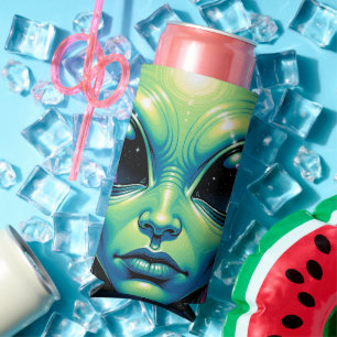 Alien Face with Planets Reflections in Eyes Seltzer Can Cooler