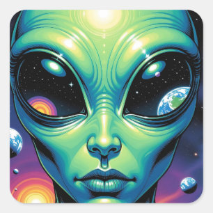 Alien Face with Planets Reflections in Eyes Square Sticker