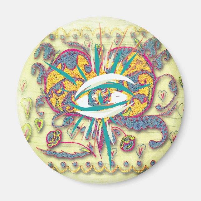 Alien Folk Art Heart with eye, leaves, flowers Magnet (Front)