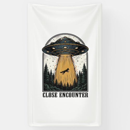 Alien Forest Abduction Vintage UFO Engraving Banner