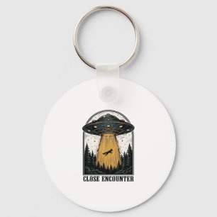 Alien Forest Abduction Vintage UFO Engraving Keychain