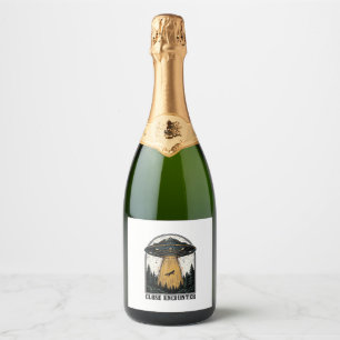 Alien Forest Abduction Vintage UFO Engraving Sparkling Wine Label