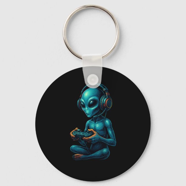 Alien Gaming With Headphones Funny Video Games Gam Keychain (Front)