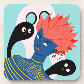 Alien Girl With Spooky Ghosts Imaginary Friends Beverage Coaster