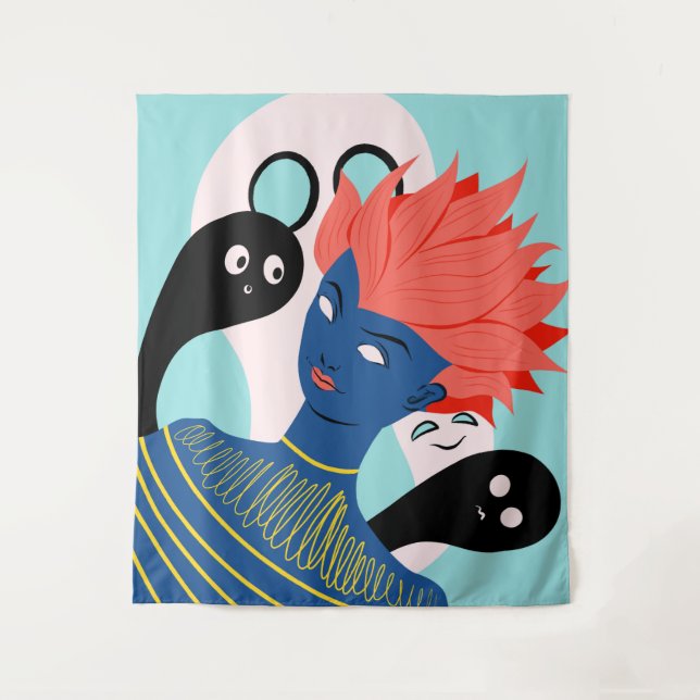 Alien Girl With Spooky Ghosts Imaginary Friends Tapestry (Front)