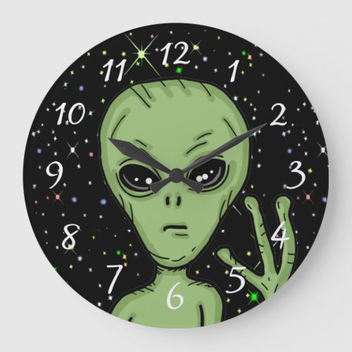 Alien Gray Starry Background Outer Space Large Clock