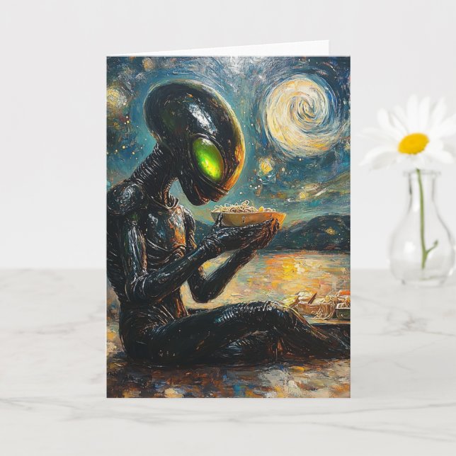 Alien Green Eyes Eating Noodles All Occasions Card (Small Plant)