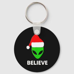 Alien Green Face Christmas Santa Hat Believe Keychain