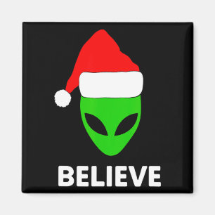 Alien Green Face Christmas Santa Hat Believe Magnet
