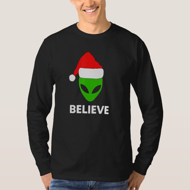 Alien Green Face Christmas Santa Hat Believe T-Shirt (Front)