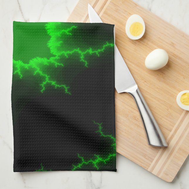 Alien Green Lightning Strikes in Pitch Black Kitchen Towel (Quarter Fold)