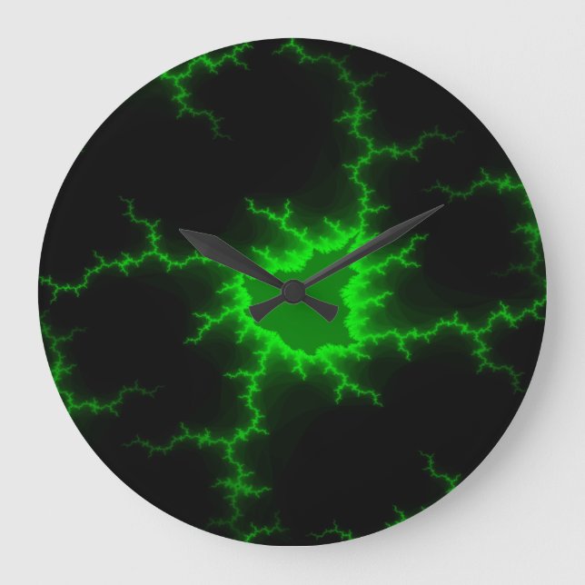 Alien Green Lightning Strikes in Pitch Black Large Clock (Front)