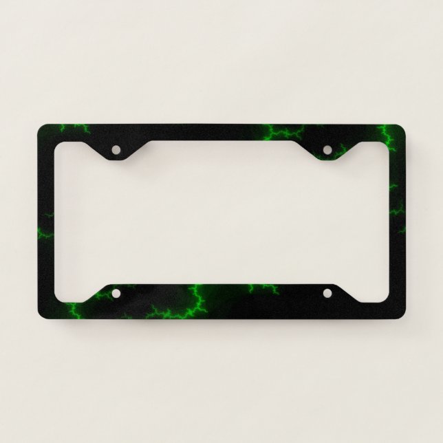 Alien Green Lightning Strikes in Pitch Black License Plate Frame (Front)