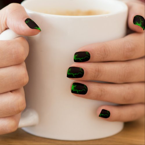 Alien Green Lightning Strikes in Pitch Black Minx Nail Art