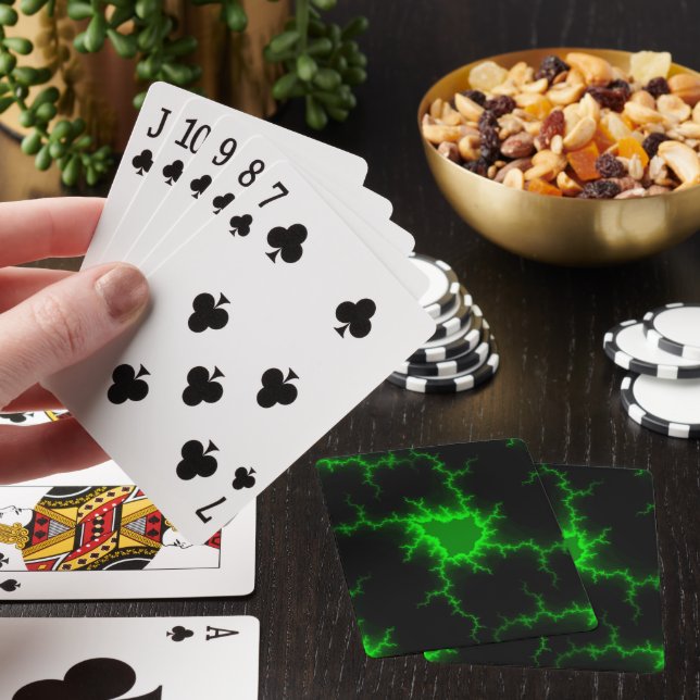 Alien Green Lightning Strikes in Pitch Black Poker Cards (In Situ)