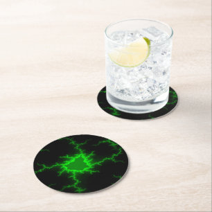 Alien Green Lightning Strikes in Pitch Black Round Paper Coaster