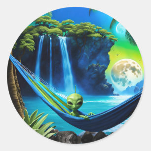 Alien Hammock on Beach Vacation  Classic Round Sticker