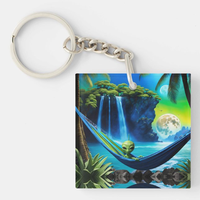 Alien Hammock on Beach Vacation  Keychain (Front)
