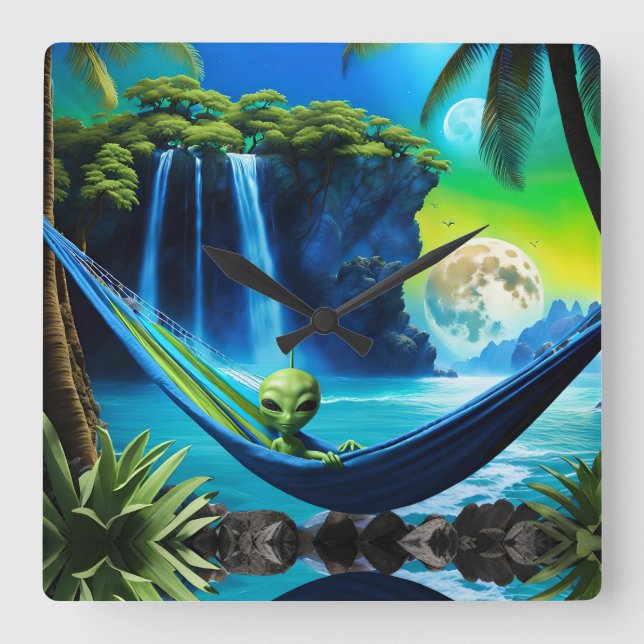 Alien Hammock on Beach Vacation Time Square Wall Clock (Front)