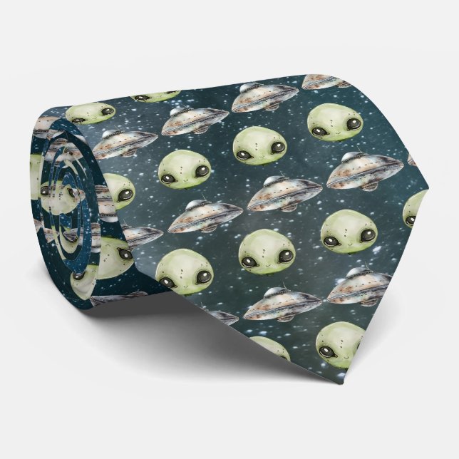 Alien Head and Space Ship Neck Tie (Rolled)