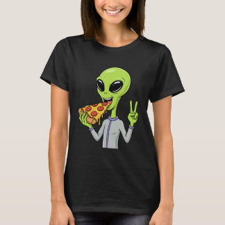 Alien Head Eating Pizza UFO Extraterrestrial Snack T-Shirt