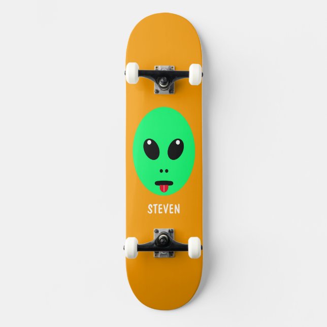 Alien Head Green Orange Personalized Kids Skateboard (Front)