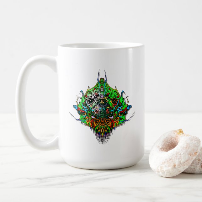 Alien Head green tribal design Coffee Mug (With Donut)