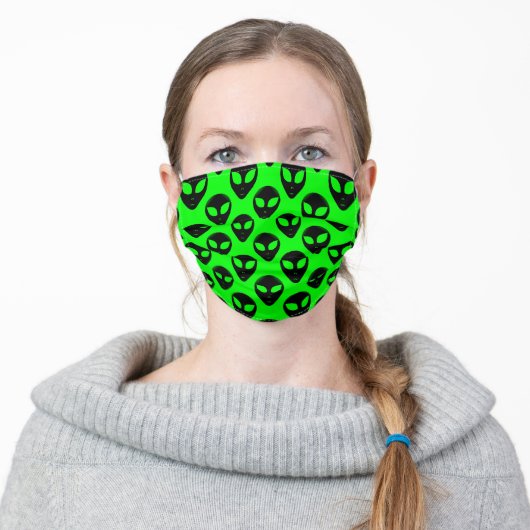 Alien Head Pattern Neon Green Black Adult Cloth Face Mask (Worn)