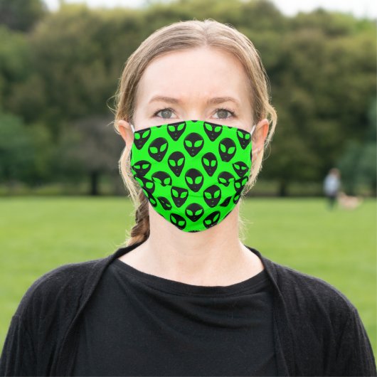 Alien Head Pattern Neon Green Black Adult Cloth Face Mask (Outside)