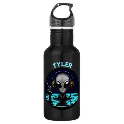 Alien Headphones giving Peace Sign Personalized Stainless Steel Water Bottle