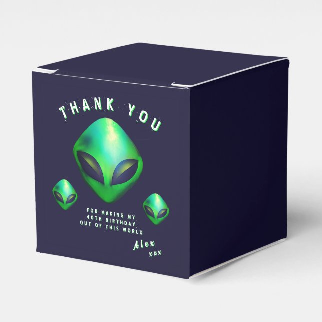 Alien Heads 40th Birthday Party Favor Boxes (Front Side)