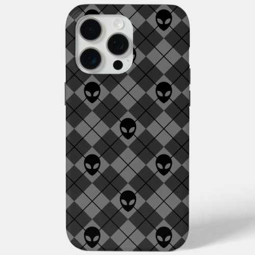 Alien Heads Black  Gray Celestial Argyle Pattern iPhone 15 Pro Max Case