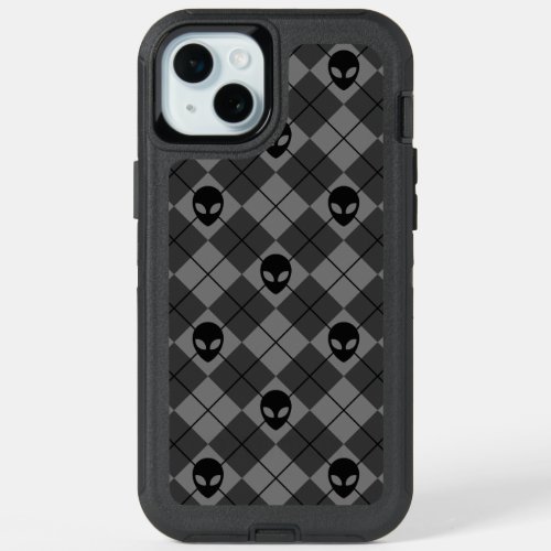 Alien Heads Black  Gray Celestial Argyle Pattern iPhone 15 Plus Case