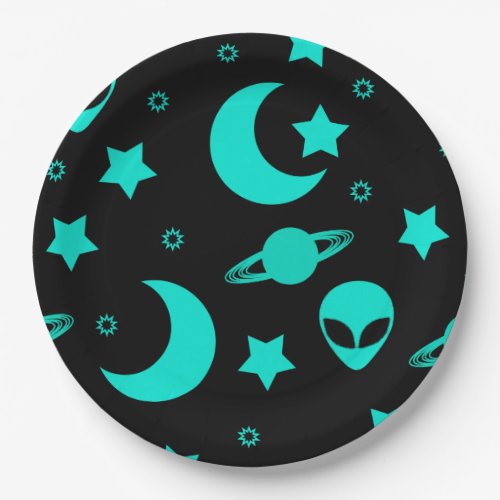 Alien Heads in Stars Outer Space Paper Plates