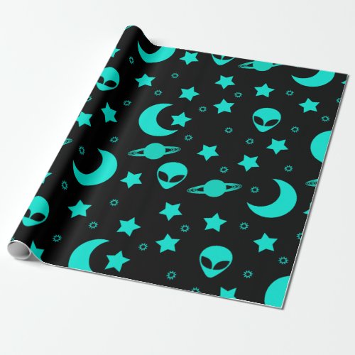 Alien Heads in Stars Outer Space Wrapping Paper