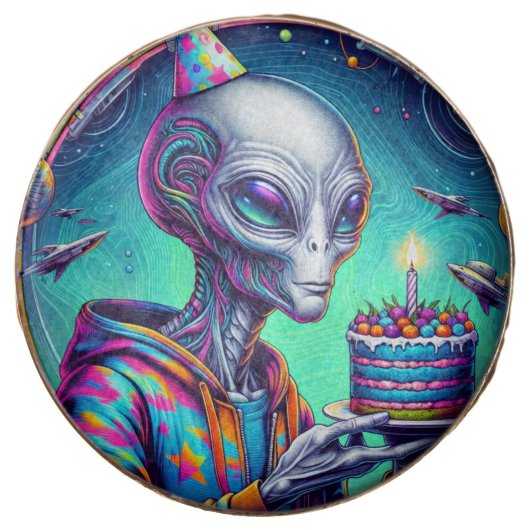 Alien holding Birthday Cake Chocolate Covered Oreo (Front)