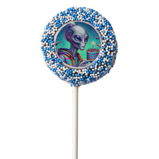 Alien holding Birthday Cake Chocolate Covered Oreo Pop (Zoomed)