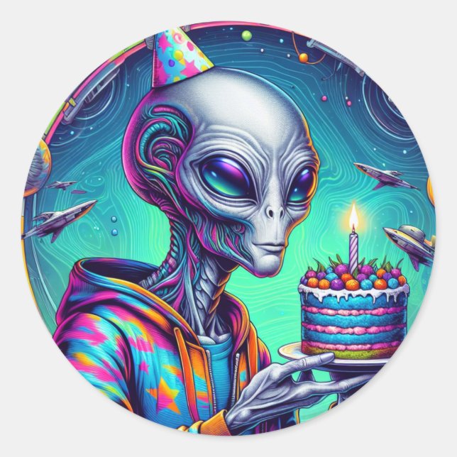 Alien holding Birthday Cake  Classic Round Sticker (Front)