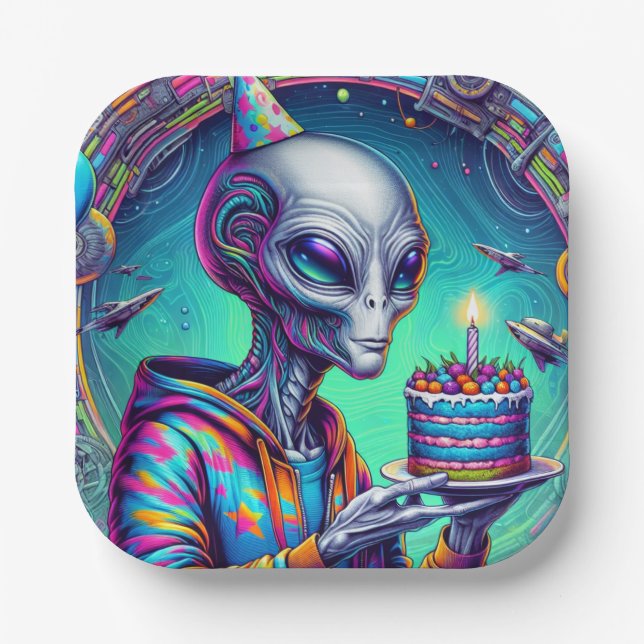 Alien holding Birthday Cake  Paper Plates (Front)